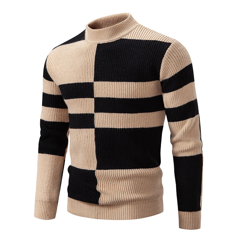 New Men's Mock Neck Color-Blocked Pullover Knit Sweater Korean Style Youth Fashion Top