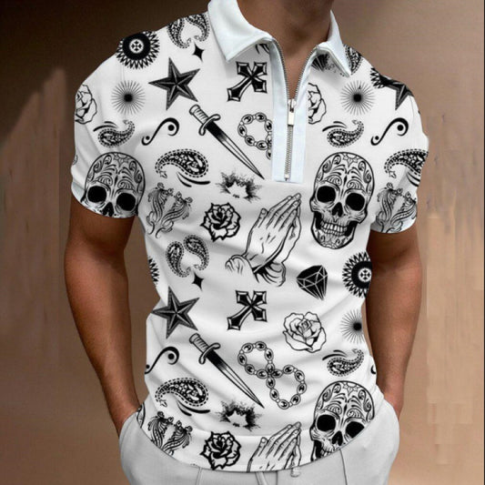 Independent Site 3D Digital Pattern Men's Wear Turn-Down Collar Short Sleeve Zipper Men's Casual Style Polo Shirt