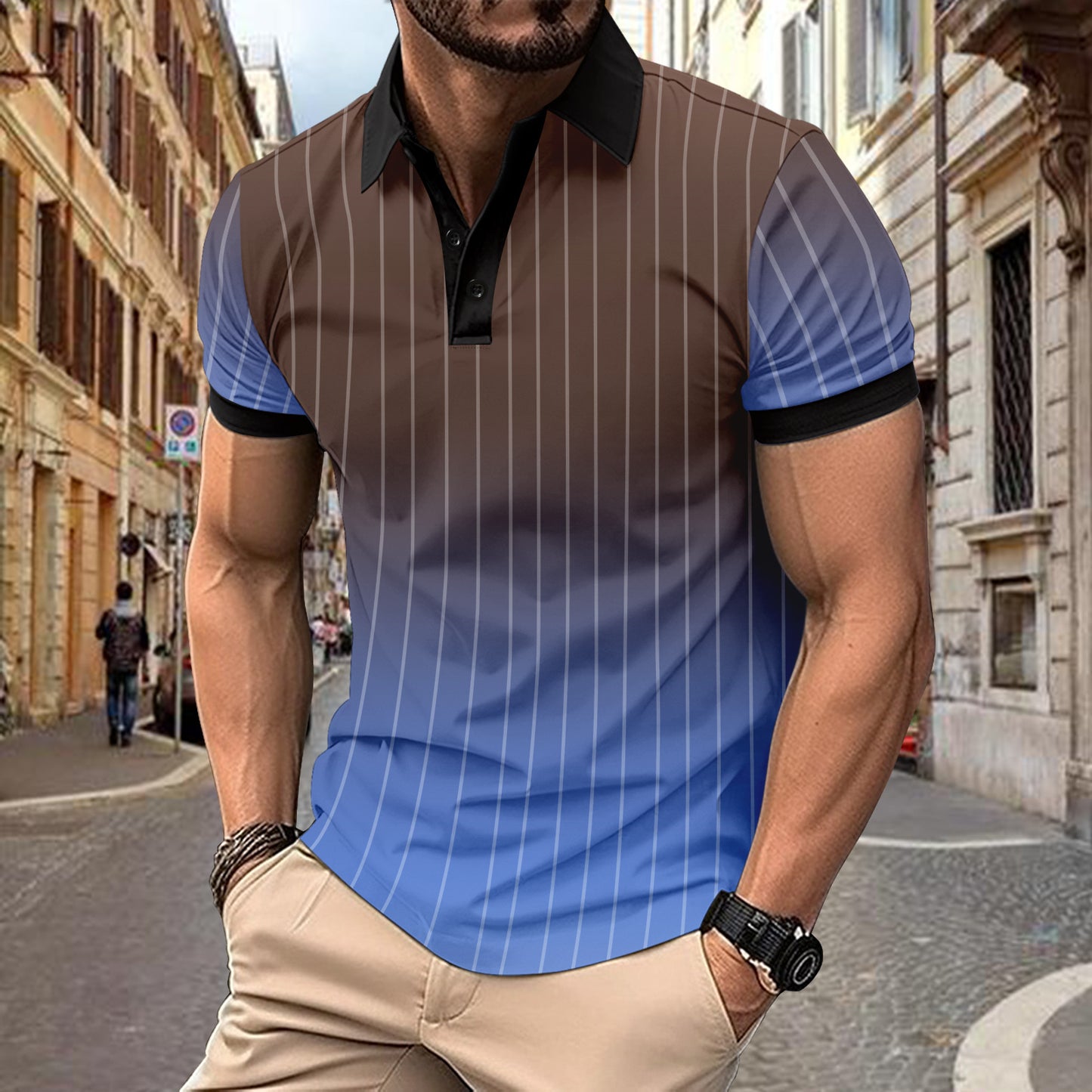 Button Top Casual Minimalist 3D Print Polo Short Sleeve Breathable Men's Wear