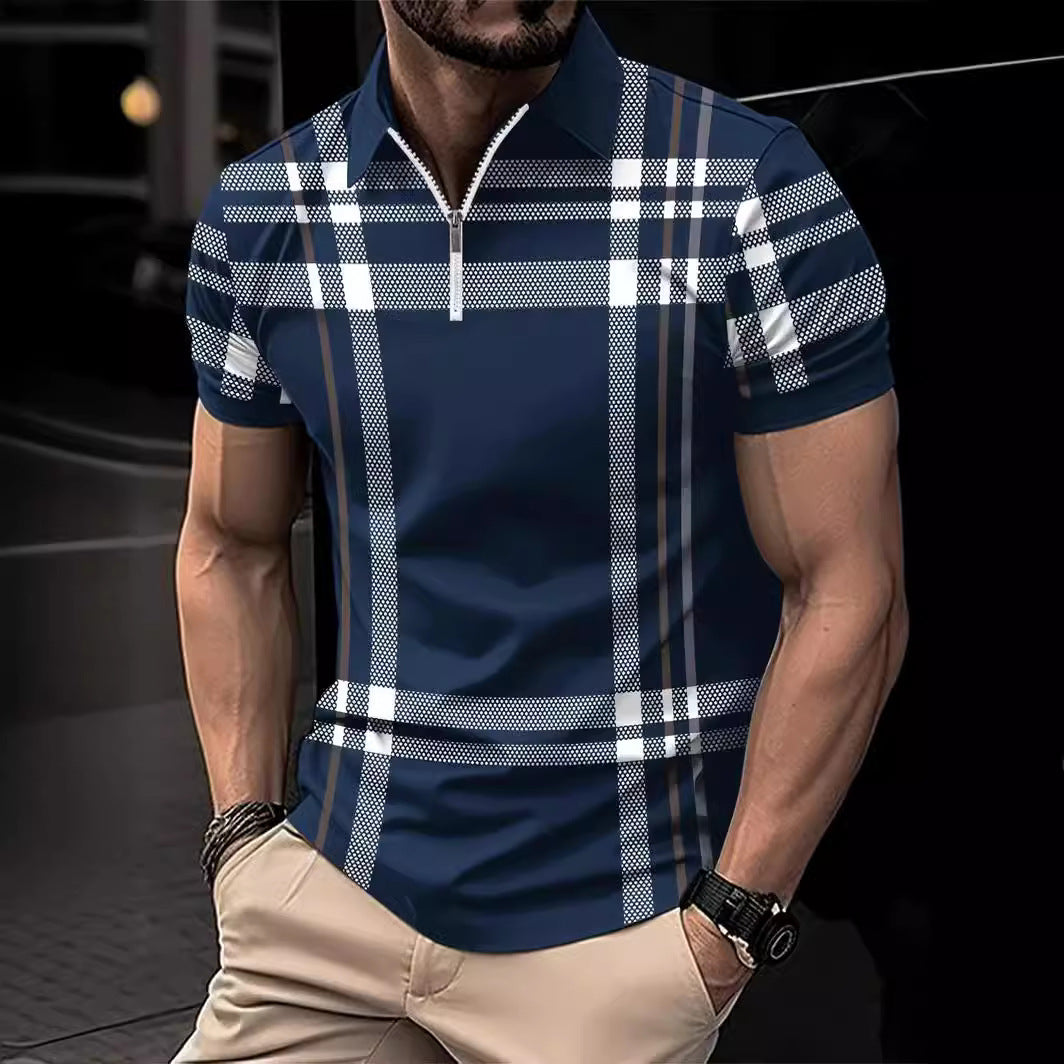 Summer Plaid Print Short Sleeve Top Men's Casual Turn-Down Collar Polo Shirt