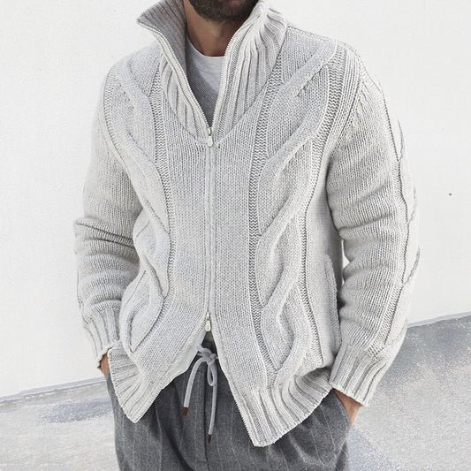 New Men's Solid Color Stand Collar Long-Sleeve Knitted Sweater Fashionable Cardigan