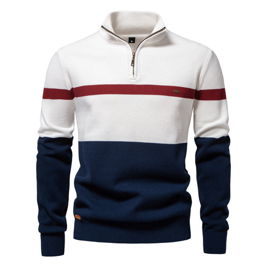 New Stand Collar Men's Sweater Half-Zip Color-Blocked Knit Top Premium Men's Wear