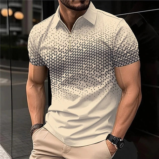 Men's Wear New Independent Site Supply Casual Color-Block Polo Zipper Turn-Down Collar Shirt Short Sleeve