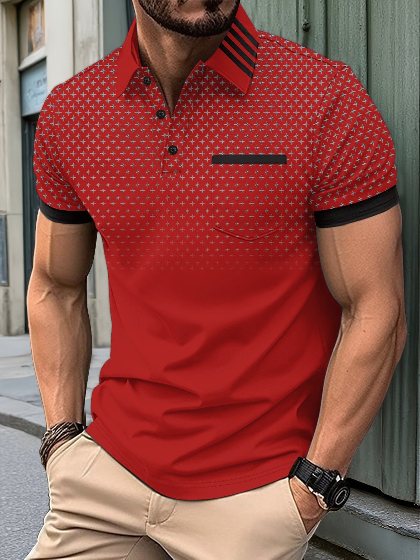 New Ebay American Style Gradient Four-Pointed Star Print Men's Casual Short Sleeve Polo Shirt