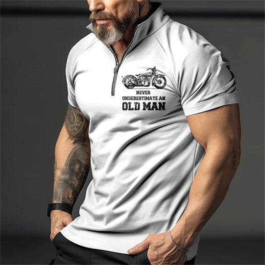 Retro Short Sleeve Men's Polo Shirt Motorcycle 3D Print Turn-Down Collar Zipper Men's Top High Quality Casual Wear