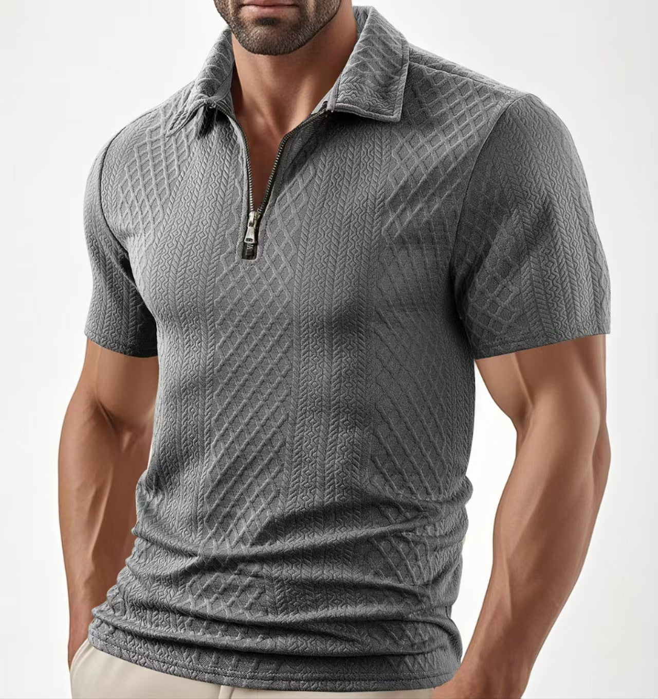 Men's Wear New Casual Polo Zipper Turn-Down Collar Shirt Solid Color Short Sleeve Business Slim Fit