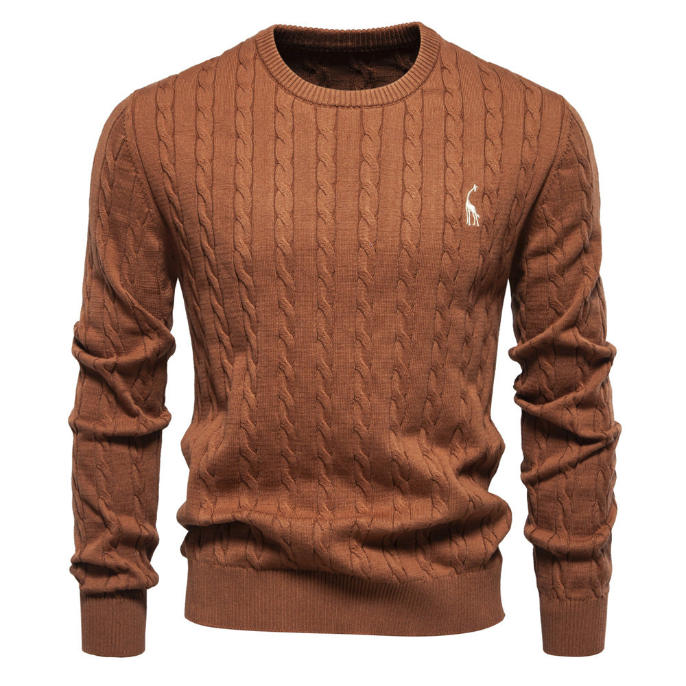 2025 Fall & Winter Men’s Pullover Sweater - High-Quality Solid Color Knit with Deer Embroidery