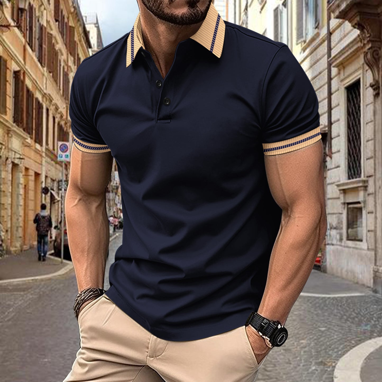 Ins Summer Polo Shirt Color-Block Button Men's Sport Polo Shirt