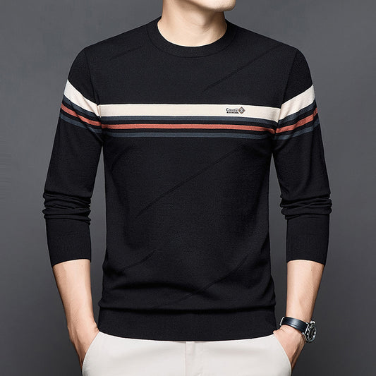 Men’s Casual Color-Block Stripe Knit Sweater – Loose Fit Base Layer