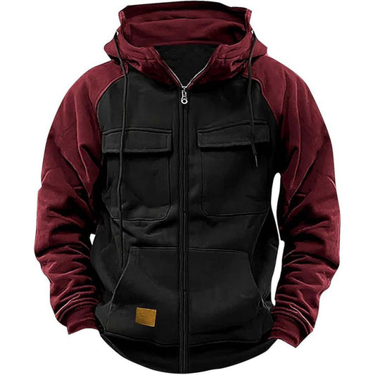 New Men's Solid Color Hoodie Youth Multi-Pocket Leather Patch Workwear