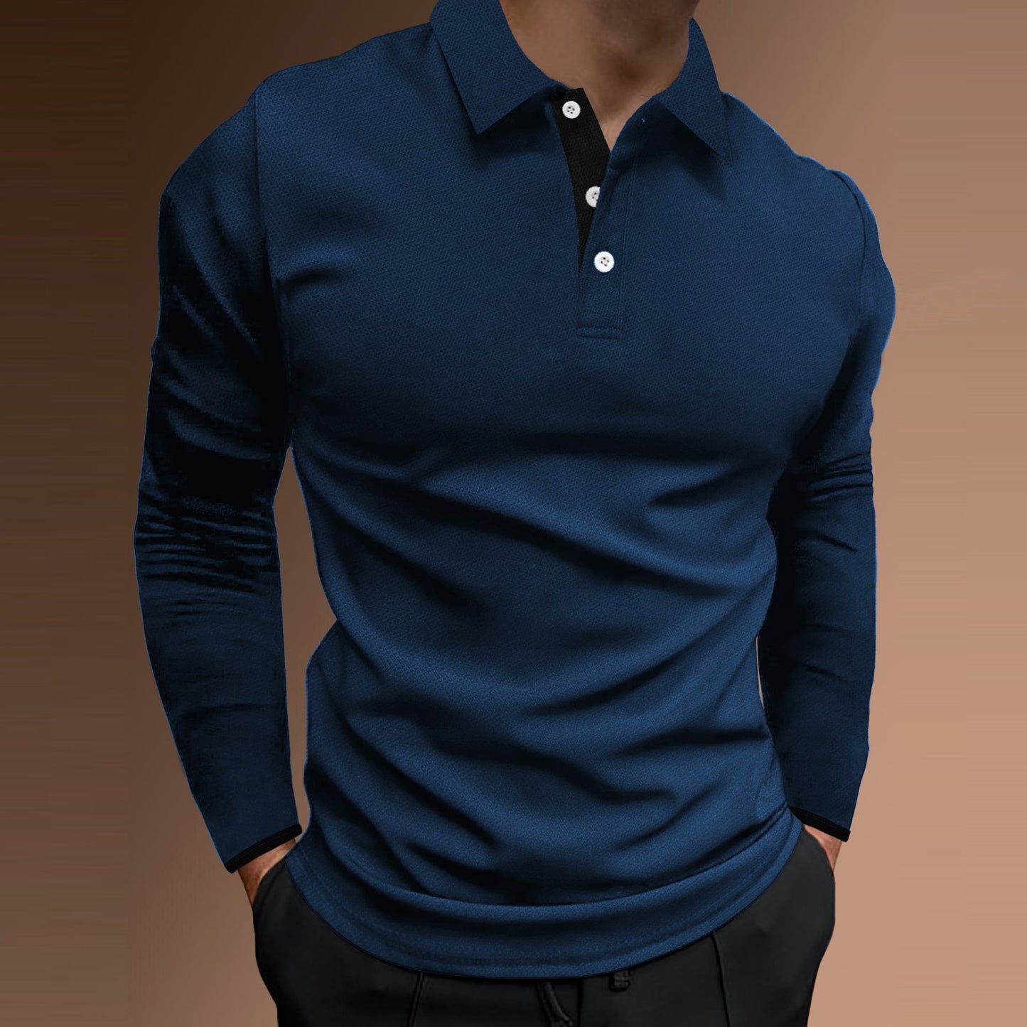 European Size Men's Autumn Sport Fitness Casual Stand Collar Elastic Stripe Long Sleeve Polo