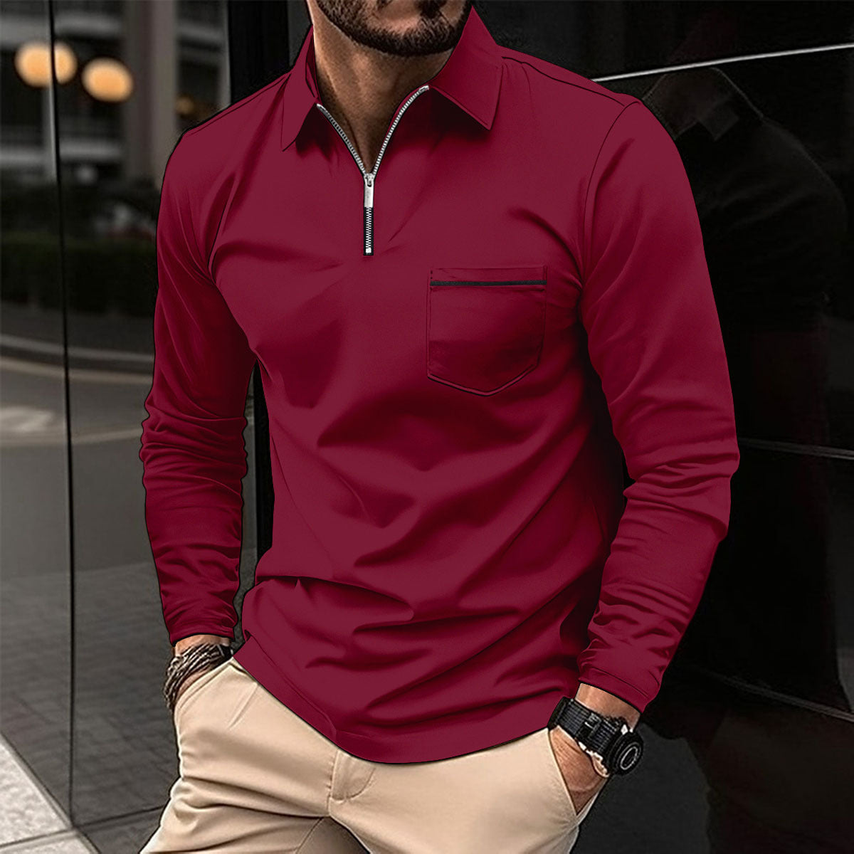 Ins Autumn Polo Shirt Zipper Pocket Men's Long Sleeve Sport Polo Shirt
