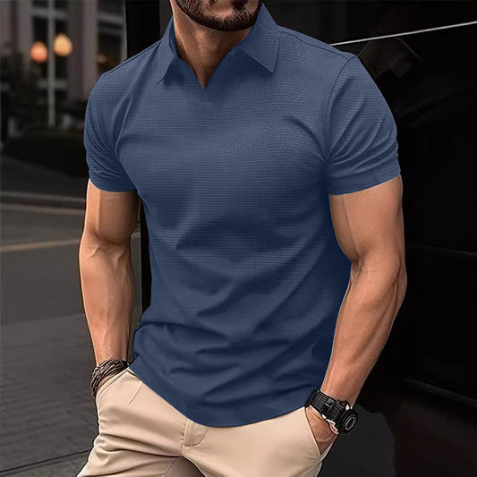 Wish Men's Summer Sport Fitness Casual V-Neck Elastic Texture Short Sleeve Polo Shirt