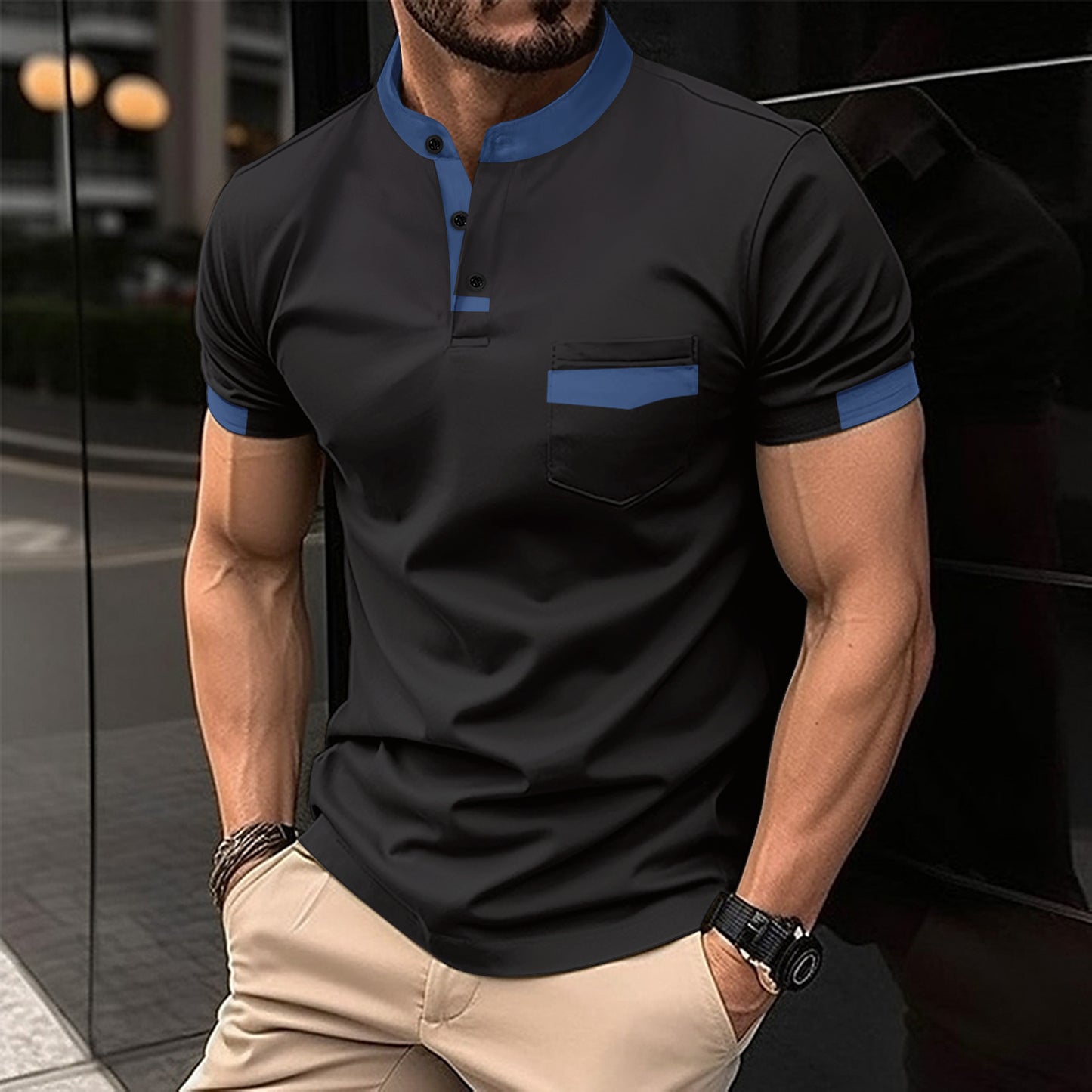 Ins Summer Polo Shirt Color Insert Stand Collar Men's Sport Polo Shirt