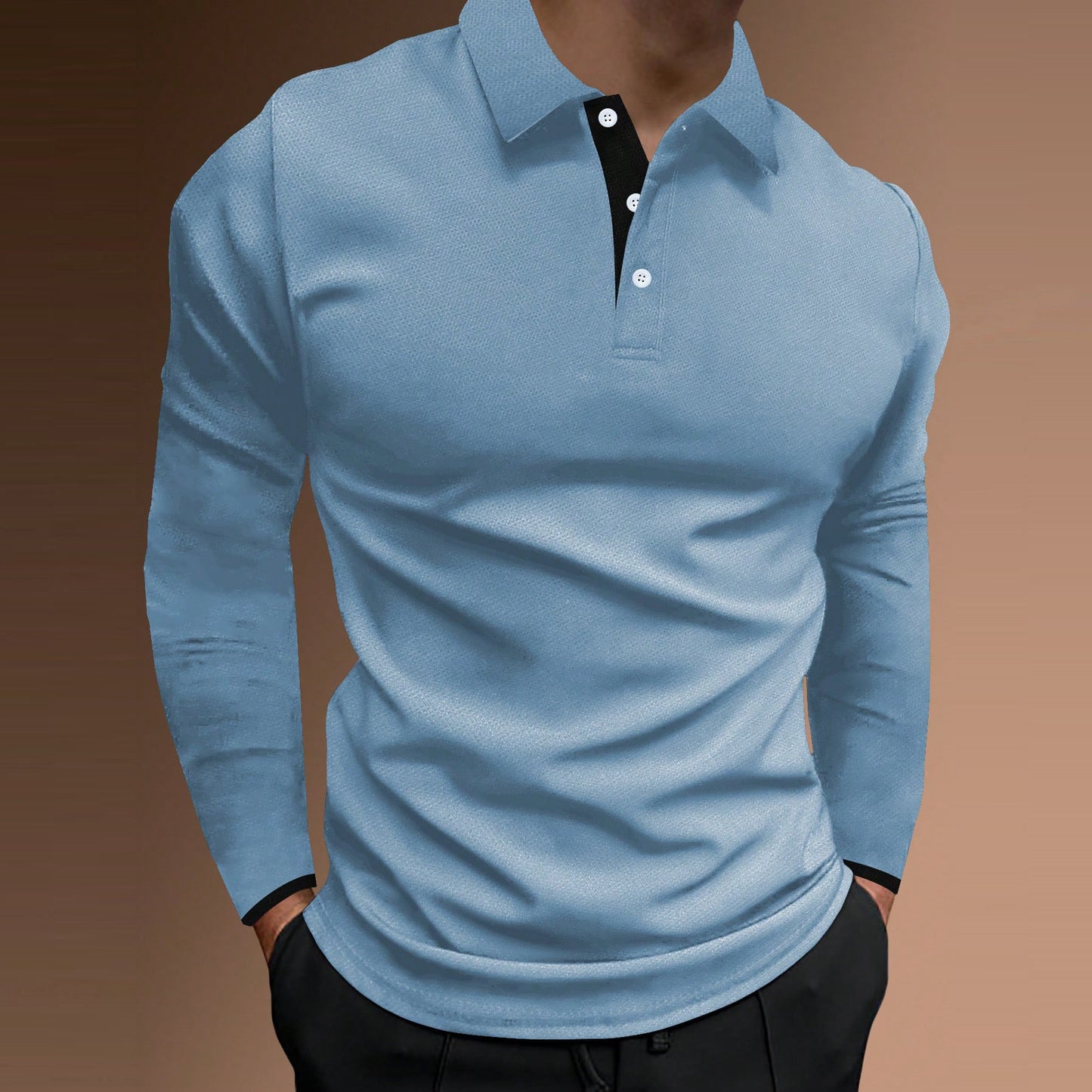 European Size Men's Autumn Sport Fitness Casual Stand Collar Elastic Stripe Long Sleeve Polo