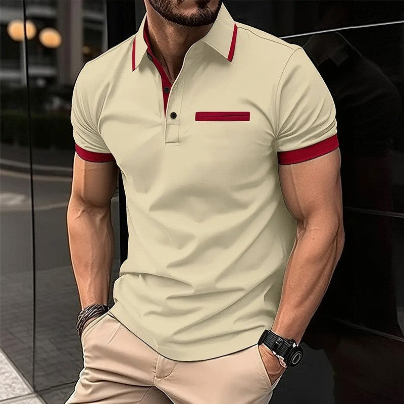 Summer Men's New Casual Turn-Down Collar Chest Fake Pocket Button Color-Block Casual Polo Shirt