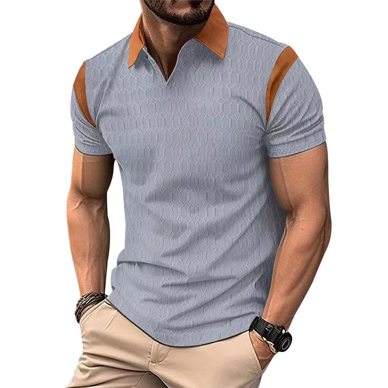 Summer New Slim Fit Polo Shirt Men Waffle Knit Jacquard Color-Block Turn-Down Collar Men's Wear Short Sleeve