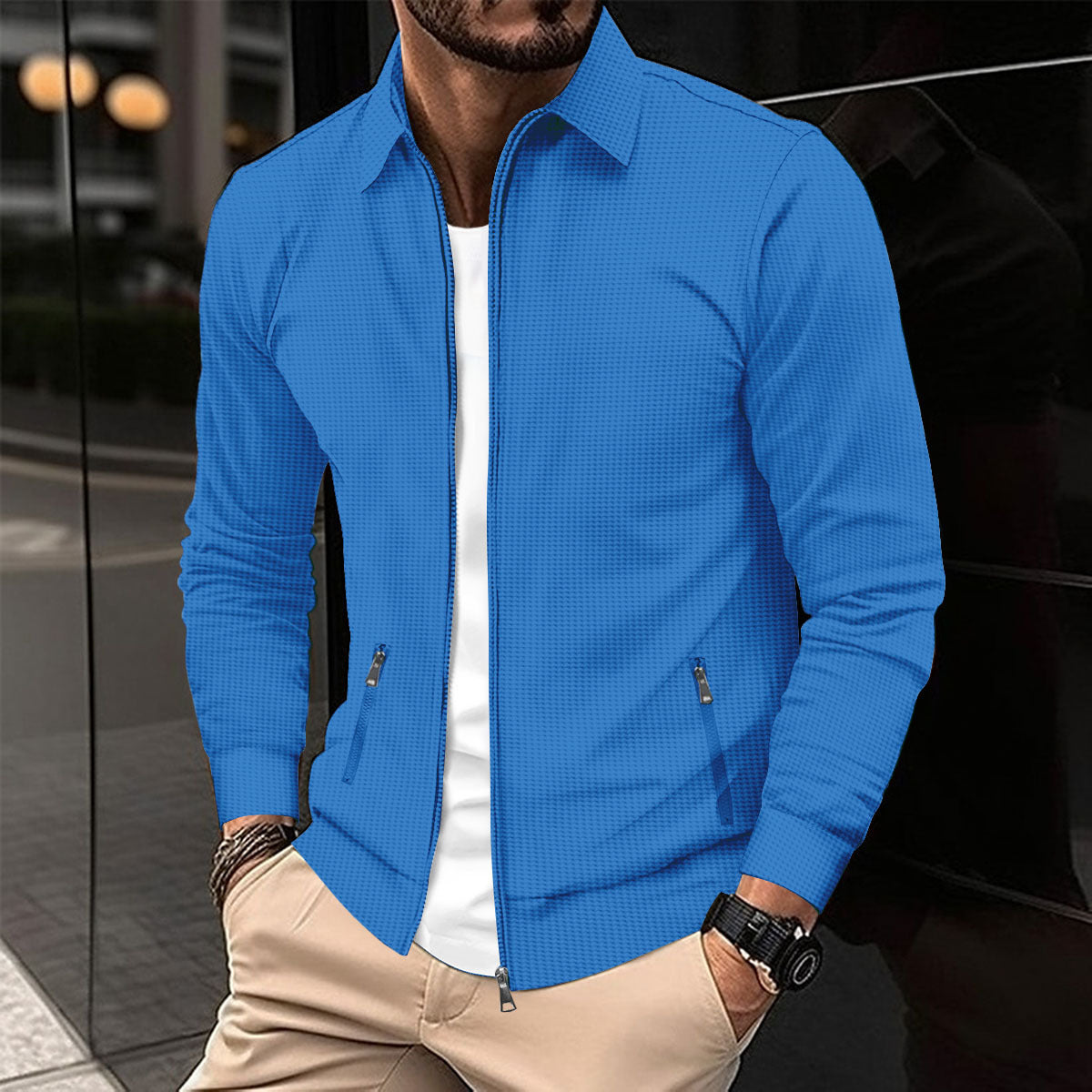 Men's Waffle Knit Zip-Up Pocket Lapel Slim-Fit Jacket