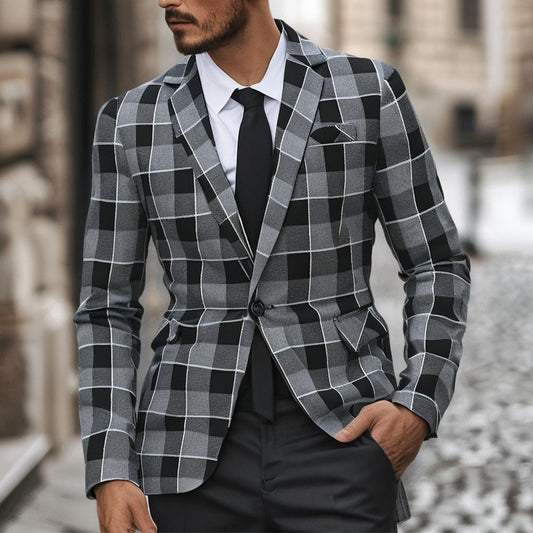 New Spring Men's Fashion Casual Checkered OneButton Blazer