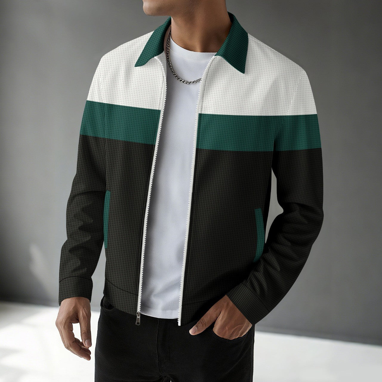 Men’s Autumn Colorblock Waffle Jacket Zip Pocket Turn-Down Collar Cardigan Slim Fit Jacket