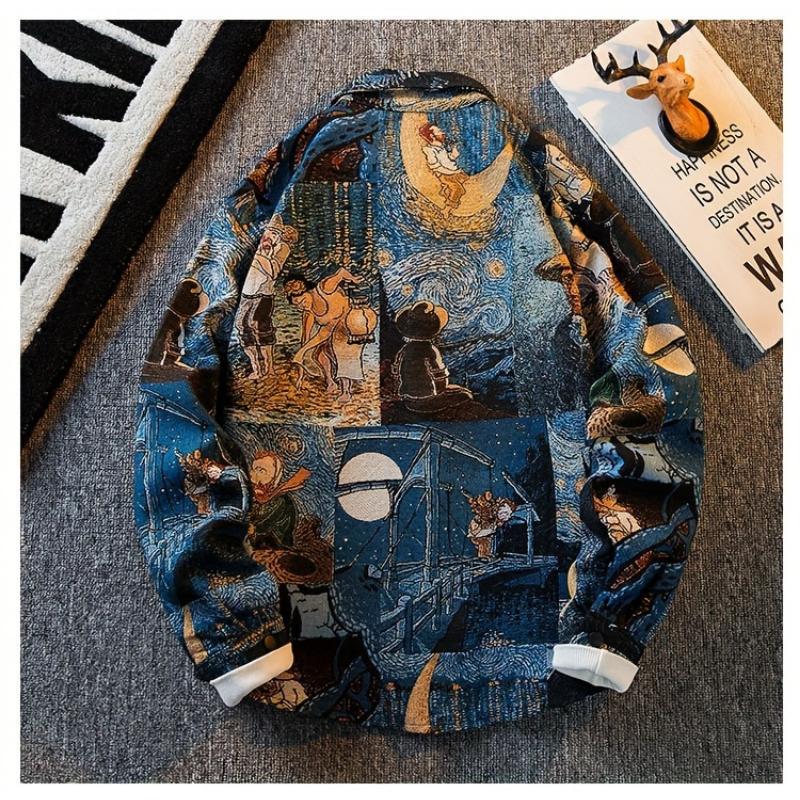 Men's Slim Fit Long Sleeve Shirt With Van Gogh Inspired Print