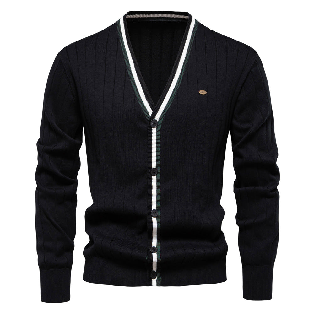 2025 Fall & Winter Men’s V-Neck Cardigan - Trendy Color-Blocked Long Sleeve Knit Sweater
