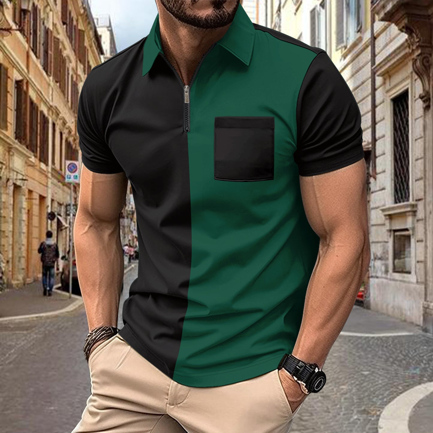New Men's Casual Polo Shirt Small Twill Self-Fabric Patchwork Turn-Down Collar Button Men's Polo Shirt
