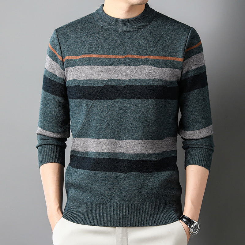 New Casual Round Neck Striped Sweater Middle-Aged Men's Thickened Warm Jacquard Anti-Pilling Knit