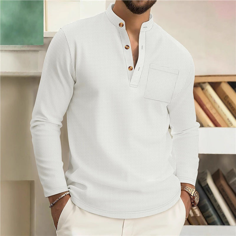 Autumn Men's New Waffle Knit Solid Color Stand Collar Pocket Long Placket Button Long Sleeve Polo Shirt