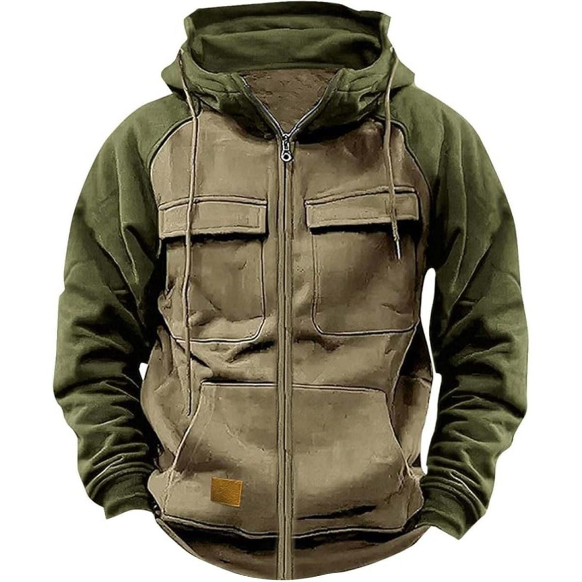 New Men's Solid Color Hoodie Youth Multi-Pocket Leather Patch Workwear
