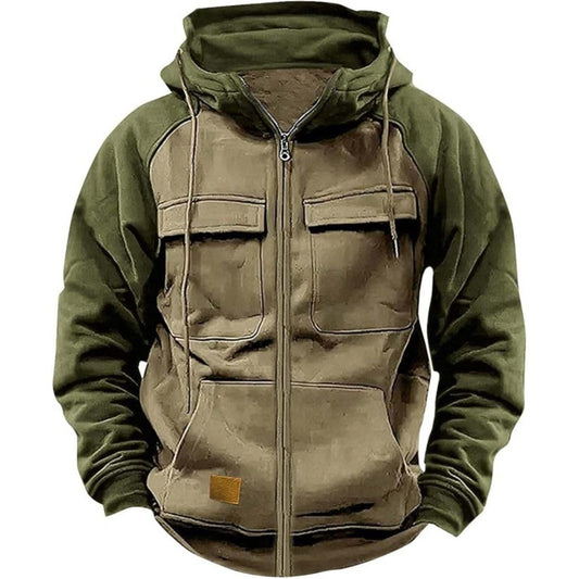 New Men's Solid Color Hoodie Youth Multi-Pocket Leather Patch Workwear