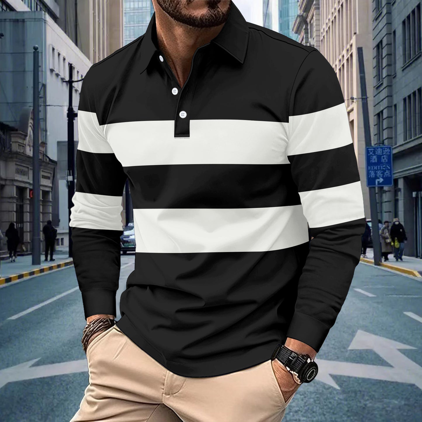 Long Sleeve Polo Shirt Spring Autumn Men's Casual Stripe Turn-Down Collar High Quality Men's T-Shirt Top
