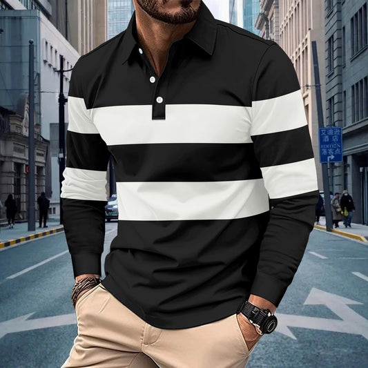 Long Sleeve Polo Shirt Spring Autumn Men's Casual Stripe Turn-Down Collar High Quality Men's T-Shirt Top