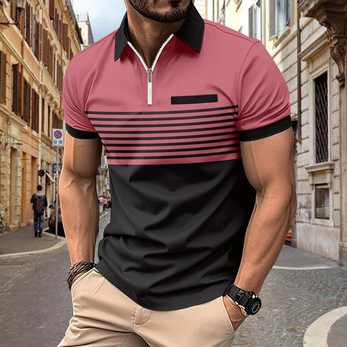 New Hot Sale Summer Polo Shirt Zipper Men's Print Stripe Polo