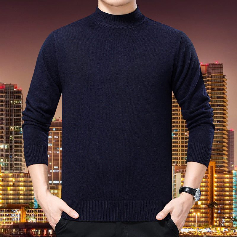 New Semi-Turtleneck Solid Color Sweater – Middle-Aged Men's Warm Stretch Knitwear with Mid-Neck Design