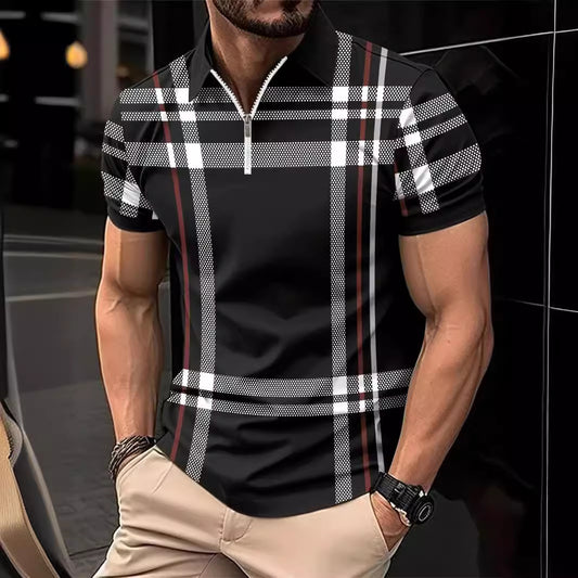 Summer Plaid Print Short Sleeve Top Men's Casual Turn-Down Collar Polo Shirt