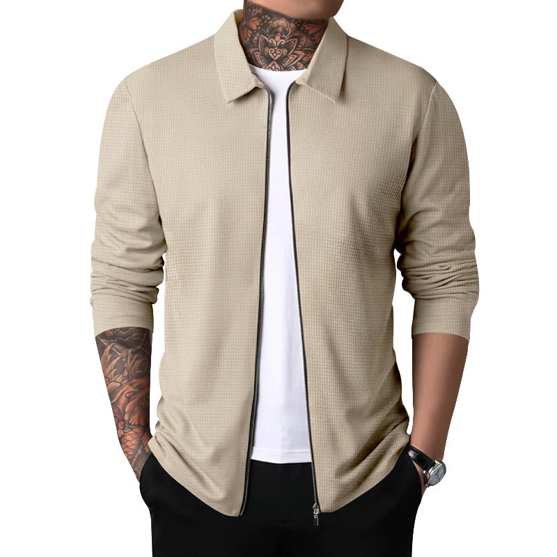 New Men's Zip-Up Waffle Knit Jacket Casual Long-Sleeve Lapel Coat