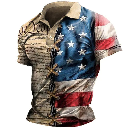 Bestseller Fashion Men's Turn-Down Collar Button Polo Shirt American Independence Day Print Direct Shipping