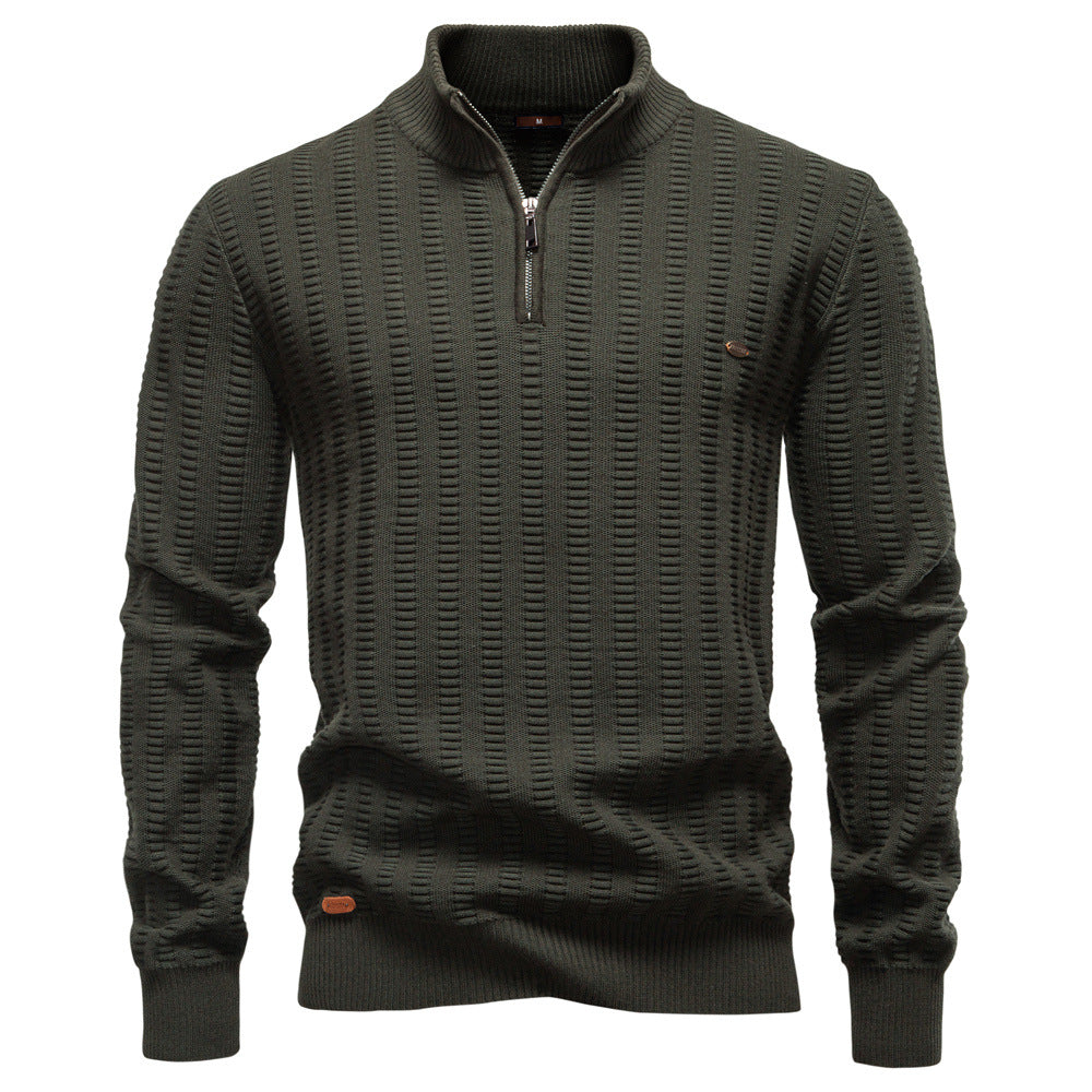 New Striped Jacquard Men’s Semi-Zip Stand Collar Business Sweater