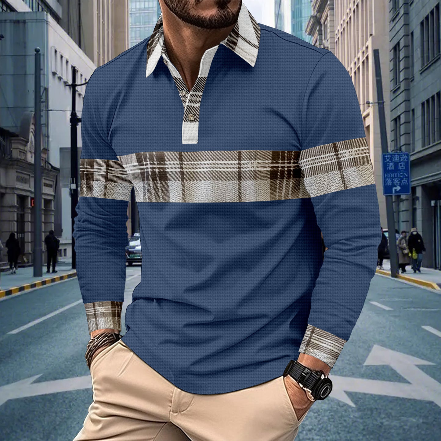 New Men's Casual Polo Shirt Long Sleeve Stripe Button Waffle Knit Print Long Sleeve