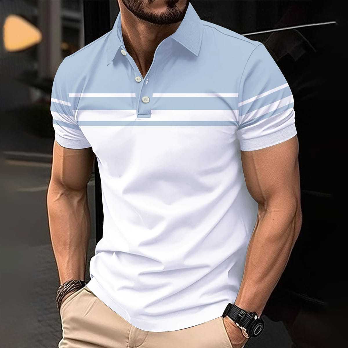 Men's Summer New Casual Versatile Gradient Short Sleeve Button Turn-Down Collar Polo Shirt