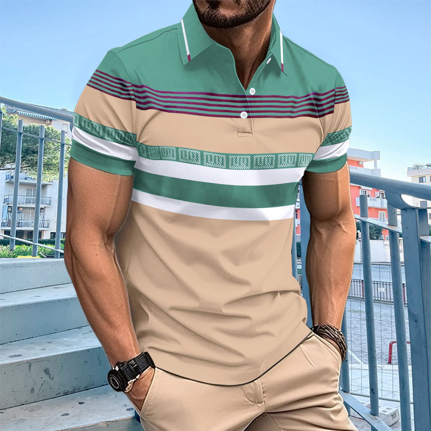 New Men's Casual Polo Shirt Digital Print Stripe Button Turn-Down Collar Top T-Shirt