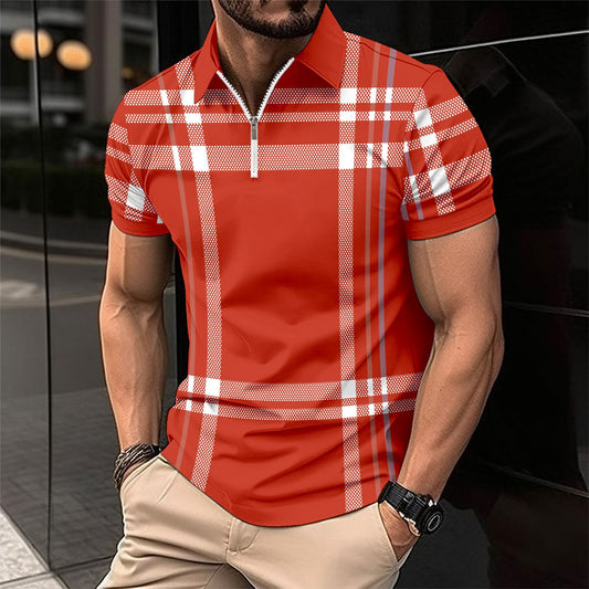 Summer Men's Print Plaid Stripe Polo Shirt Zipper Sport Polo Shirt