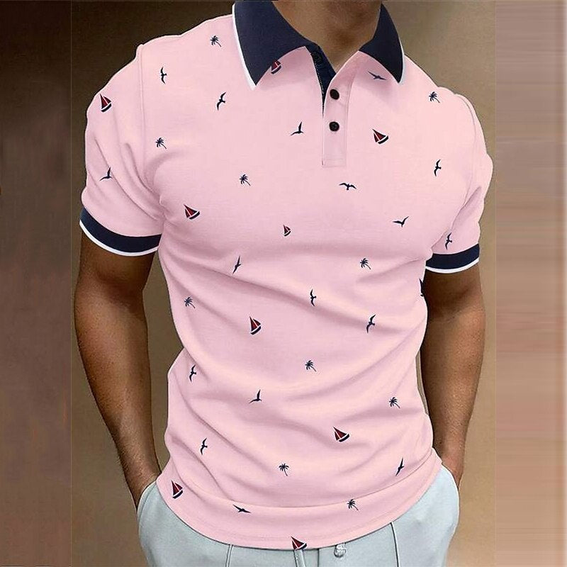 Men's Button Polo Shirt Turn-Down Collar 3D Digital Print Large Size Print Sailboat Turned Hem Street Short Sleeve