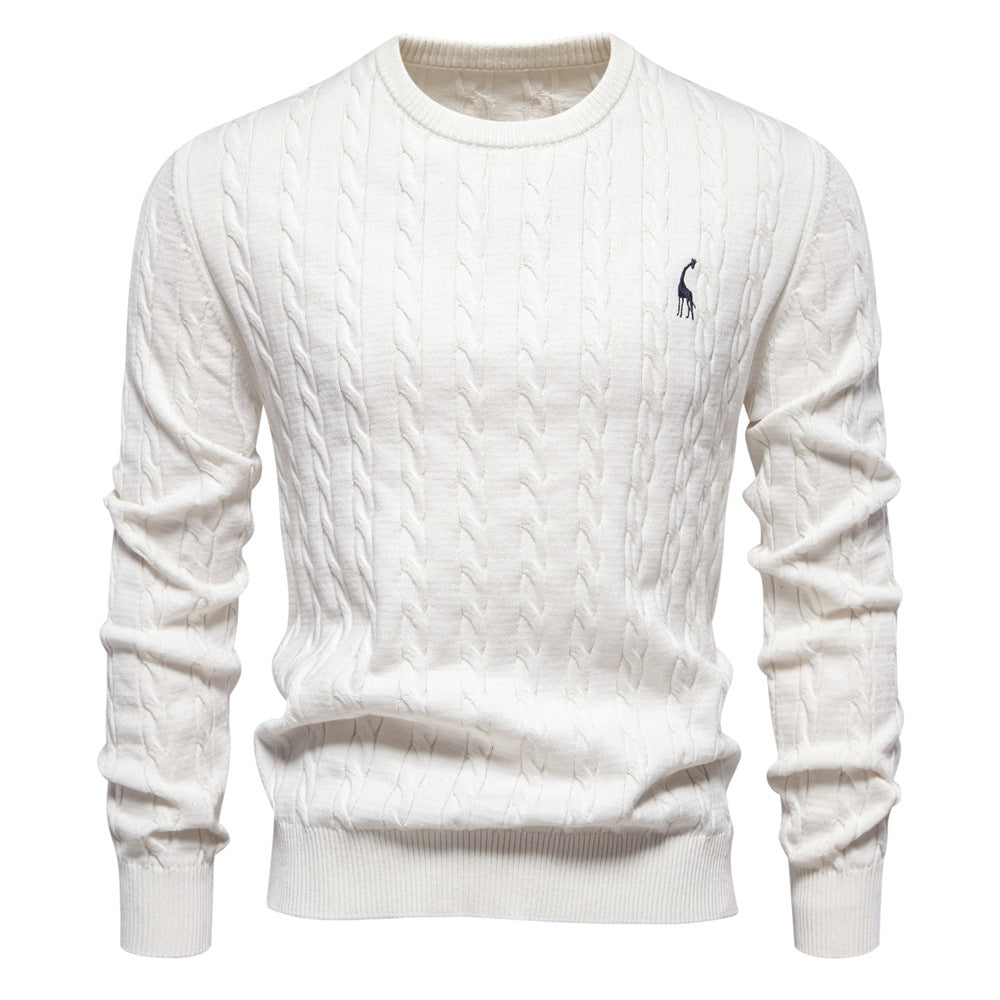 2025 Fall & Winter Men’s Pullover Sweater - High-Quality Solid Color Knit with Deer Embroidery