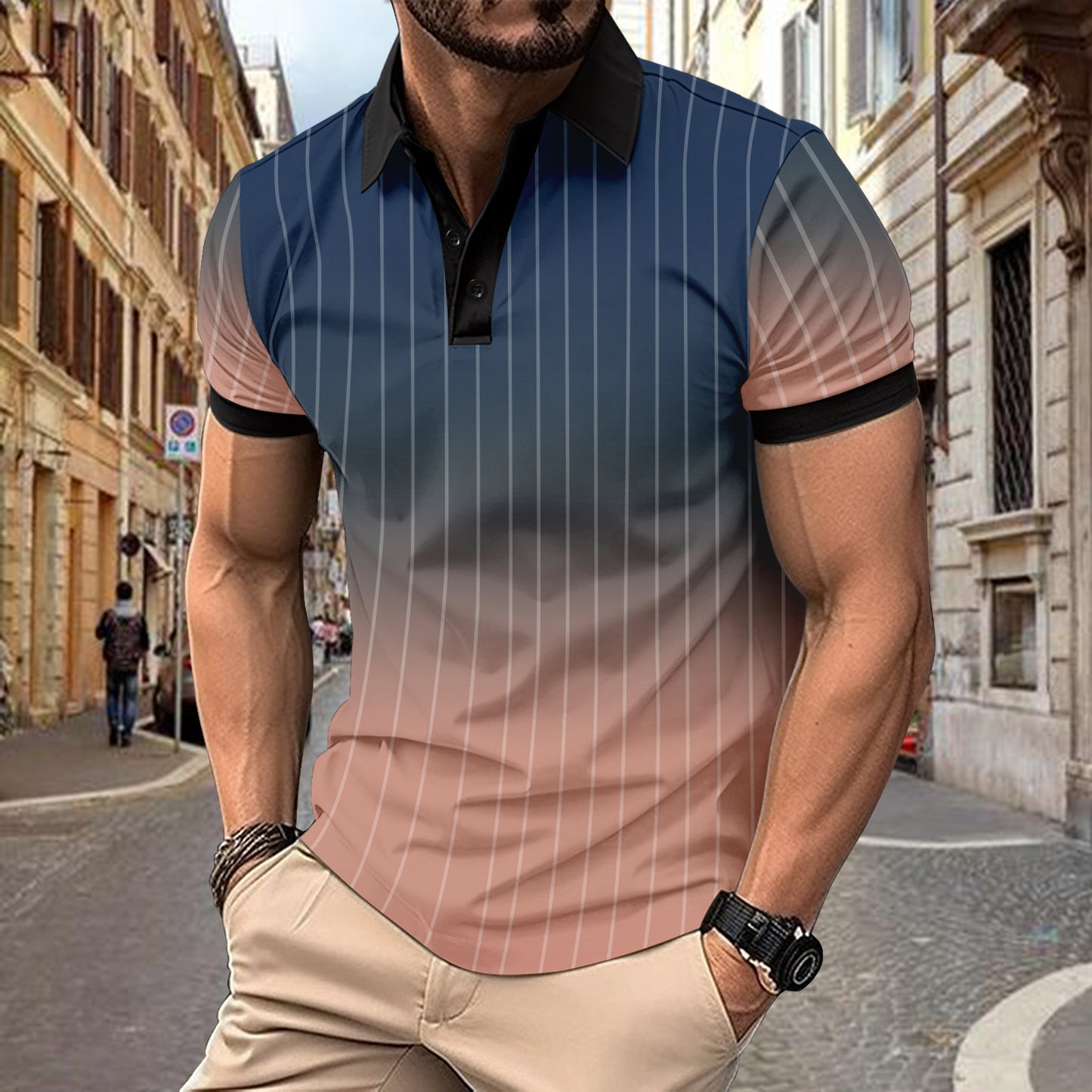 Button Top Casual Minimalist 3D Print Polo Short Sleeve Breathable Men's Wear