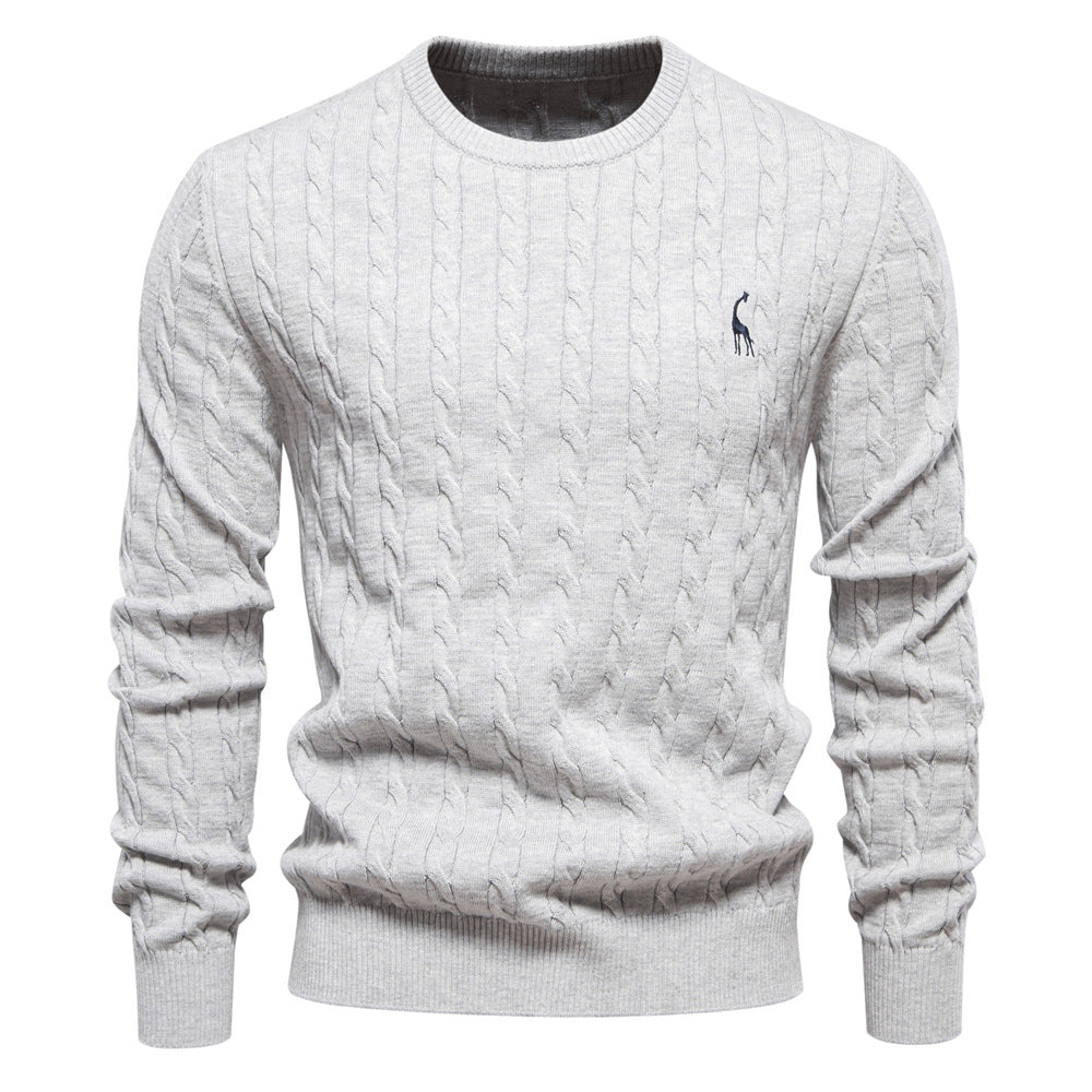 2025 Fall & Winter Men’s Pullover Sweater - High-Quality Solid Color Knit with Deer Embroidery
