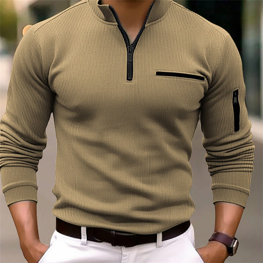Autumn Polo Shirt Arm Zipper Men's Stripe Long Sleeve Sport Top