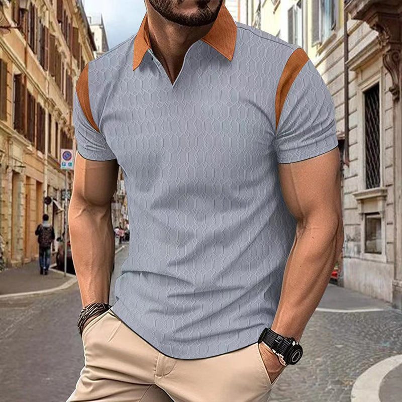 Summer New Slim Fit Polo Shirt Men Waffle Knit Jacquard Color-Block Turn-Down Collar Men's Wear Short Sleeve