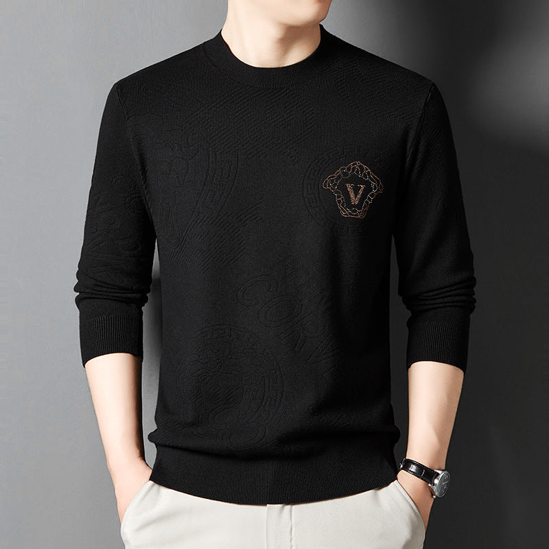 New Knit Sweater Men's Round Neck Jacquard Korean Trendy Long-Sleeve Casual Base Layer Top
